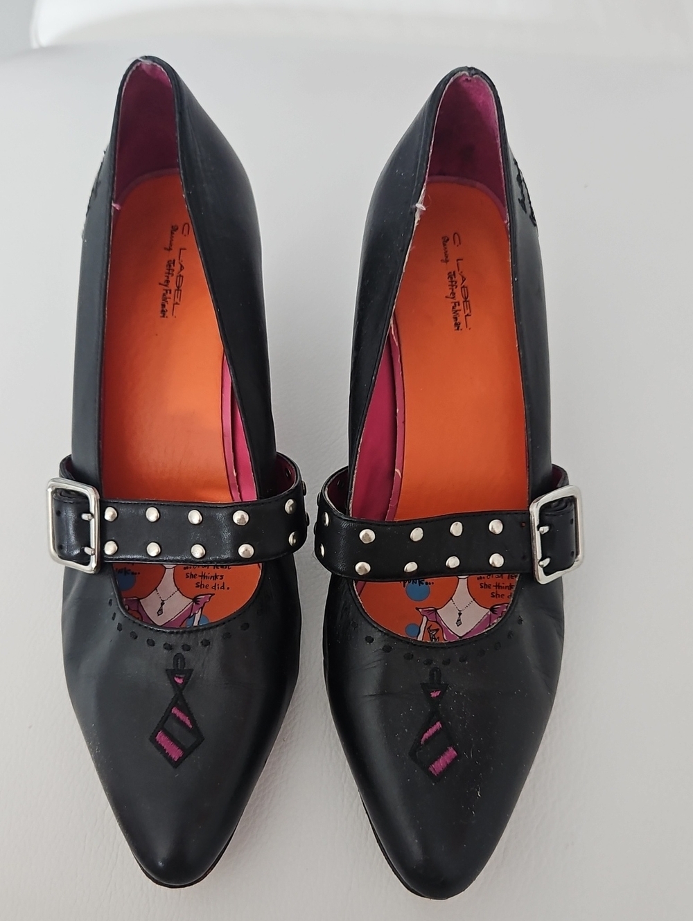 C Label Black Studded Mary Jane Pumps with Pink Lining